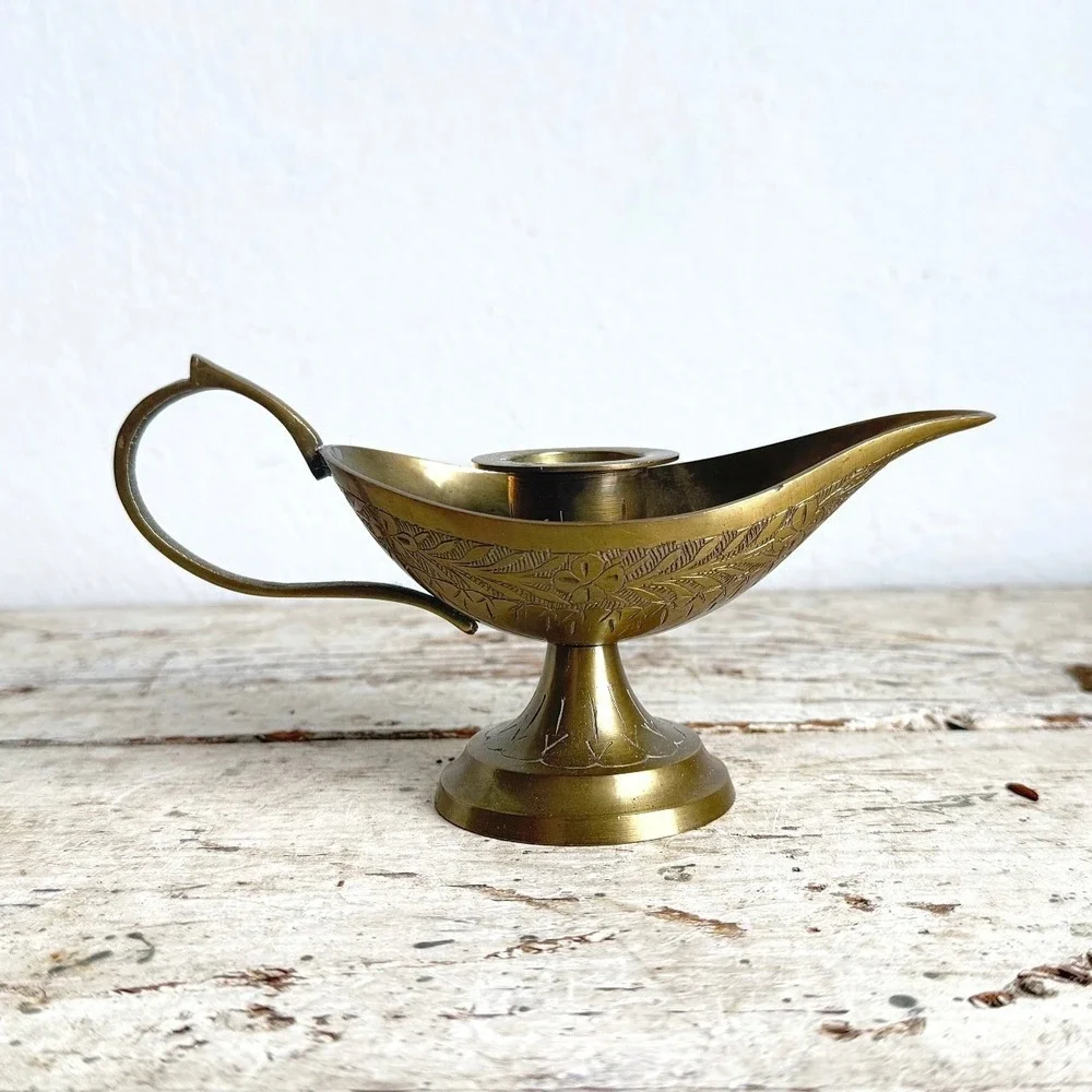 Vintage Etched Brass Genie Lamp Taper Candle Holder Boho Decor 6.25 Inch